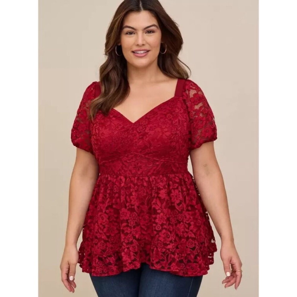 ‼️SOLD‼️ TORRID NWT Dark Red Babydoll Lace Puff Sleeve Top 0 (L/12)